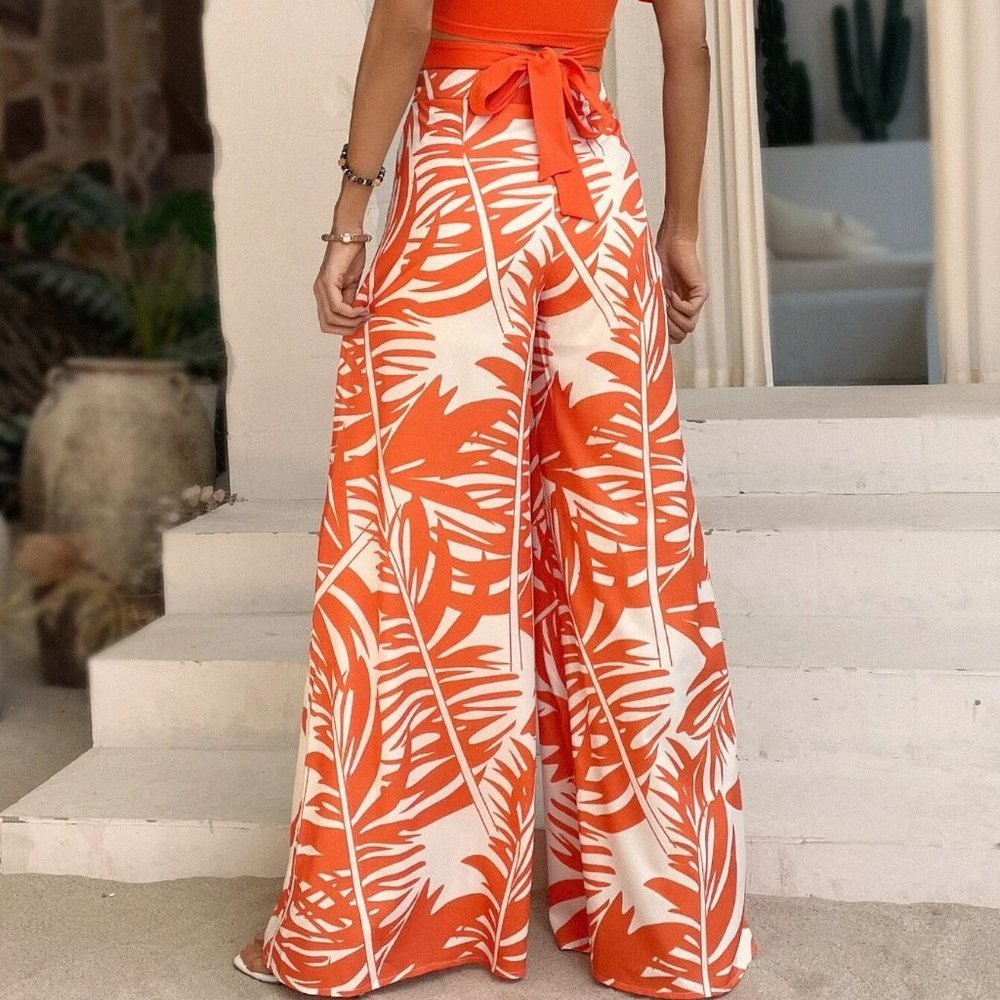 Orange Boho Coord set Tie Back Tee & Tropical Print Wide Leg Pants - Picture 4 of 7